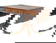 George III Style String Inlaid Mahogany Sofa Table: George III Style String Inlaid Mahogany Sofa Table, with two drop leaves and two drawers above four legs terminating in lion's paw feet above casters. Leaves dropped: 26.5" H x 35" W x 26" D; extended