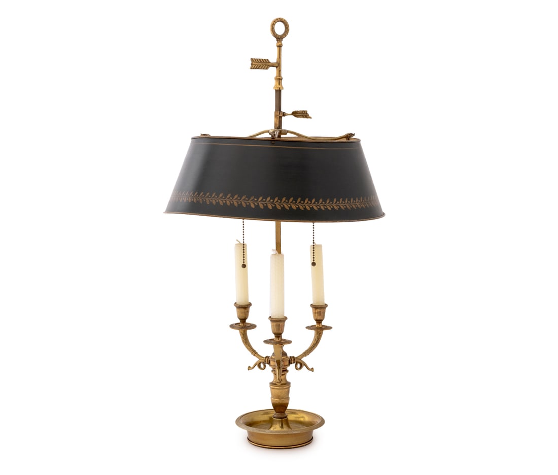French Gilt Brass Bouillotte Lamp: French Bouillotte Gilt Brass Table Lamp, with green tole peinte shade, two bulb fittings, and three candlesticks. Overall: 29.25" H x 14.5" Diameter. Provenance: From a 955 Fifth Avenue Apartment.
