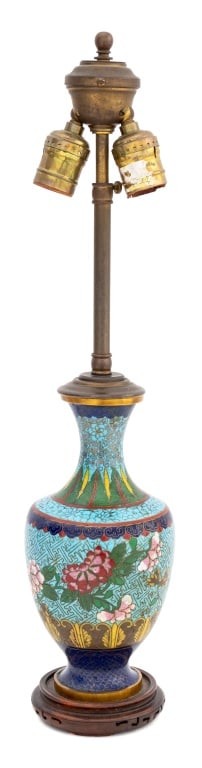 Chinese Cloisonne Enamel Vase Mounted as a Lamp: Chinese Cloisonne Enamel Baluster Vase Mounted as a Table Lamp, with polychrome floral design on geometric robin's egg blue ground, with two light bulb fittings and mounted on hardwood base. 20.5" H