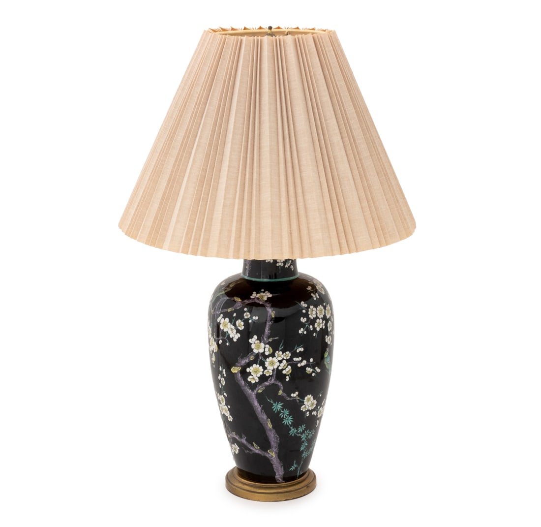 Chinese Famille Noir Vase Mounted as a Table Lamp: Chinese Famille Noir Porcelain Vase Mounted as a Table Lamp, the vessel with hand-painted bird and cherry blossom flower motif, with pleated linen shade. Overall: 31" H x 18.5" Diameter. Provenance:
