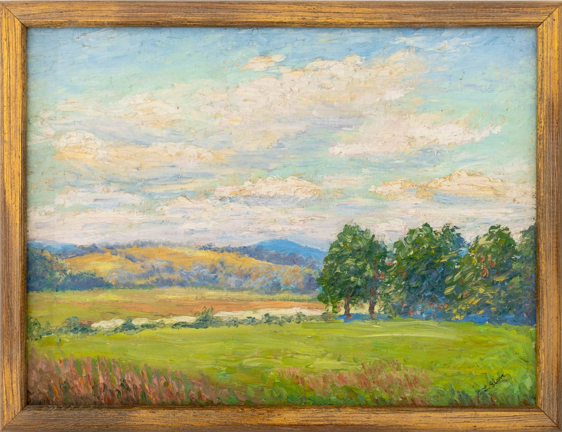 Illegibly Signed "Wind in the Clouds ..." Oil: American School, "Wind in the Clouds - Great Barrington Mass.", Oil on Board, illegibly signed "C. L. ... (?)" lower right, titled verso, giltwood frame. Image: 11.75" H x 15.5" W; frame: 13" H x