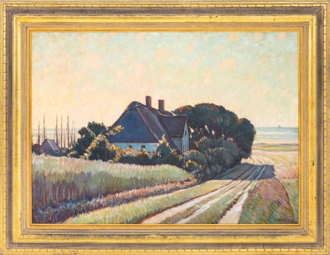 Franz Dubbick Seaside Landscape Oil on Panel, 1948: Franz Dubbick (German, 1887-1986), Seaside Landscape Scene, Oil on Panel, 1948, signed and dated "F. Dubbick 1948" lower left, painted giltwood frame. Image: 27.5" H x 37.5" W; frame: 36.75" H x 47"