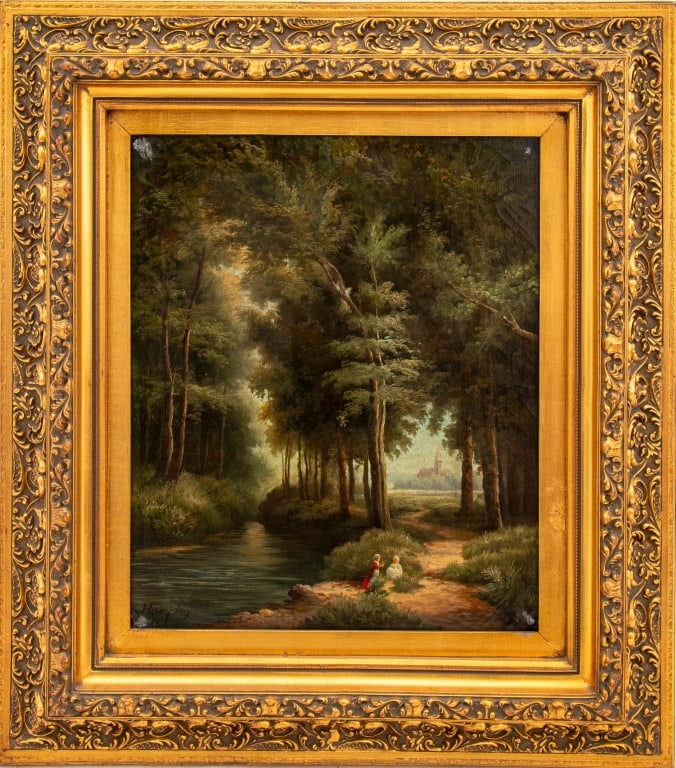 Illegibly Signed Wildflower Gathering Oil, 20th C.: Continental School, Wildflower Gathering, Oil on Canvas, 20th century, depicting two female figures in foreground gathering flowers in forest, chapel visible beyond the trees, illegibly signed