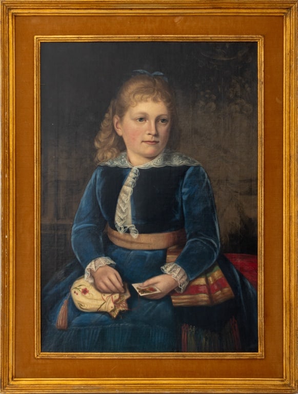 American School Portrait of a Girl Oil on Canvas: American School, Portrait of a Blonde Haired Girl, Oil on Canvas, circa 1865, label verso reading: "Annie Budelman Leonard, Gene's Grandmother at the age of about 4 or 5", giltwood frame. Image: