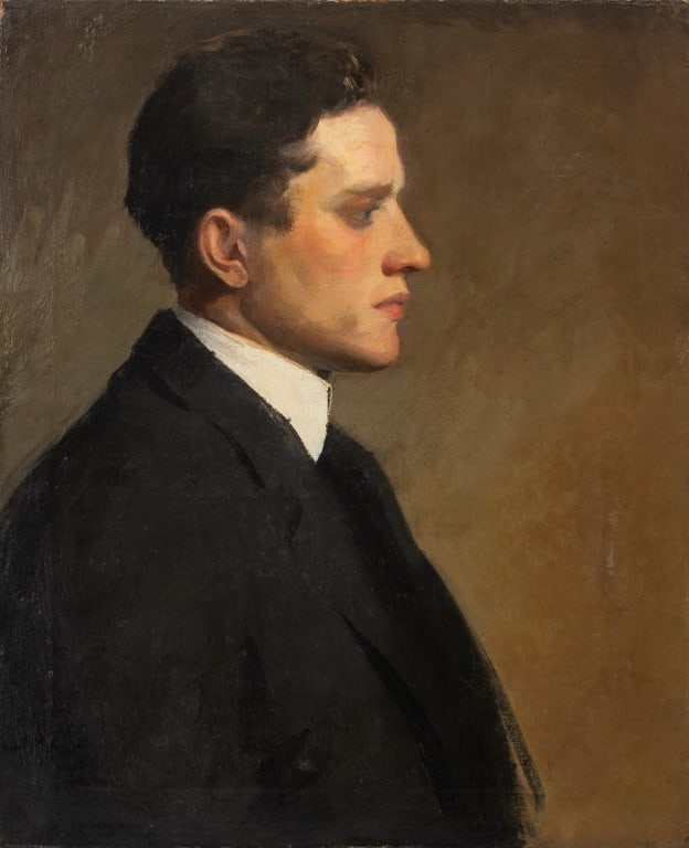 Dmitri Romanovsky Portrait of a Young Man Oil: Dmitri Romanovsky (Russian, 1887-1971), Portrait of a Young Man, Oil on Canvas, paper label verso, unframed. 24.5" H x 20" W. Provenance: From the Allen Tucker Memorial Collection. Keywords: