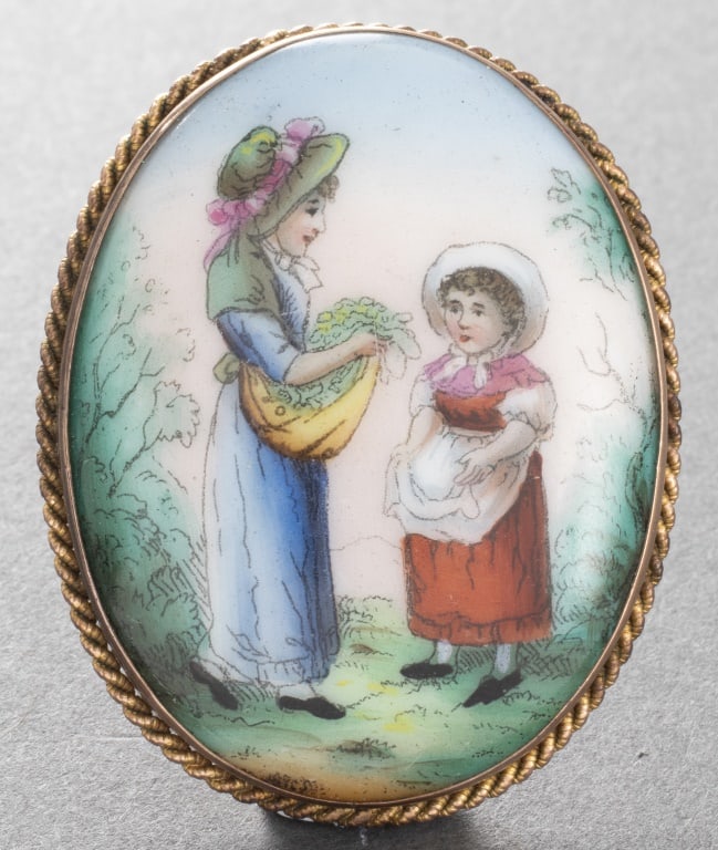 Antique 9K Gold Hand-Painted Porcelain Brooch: Antique 9K Yellow Gold Oval Hand-Painted Porcelain Brooch, depicting two young maidens in period clothing surrounded by fine rope border, marked "9CT." Brooch: 1.75" L x 1.37" W. Approx: 7.2 dwt.