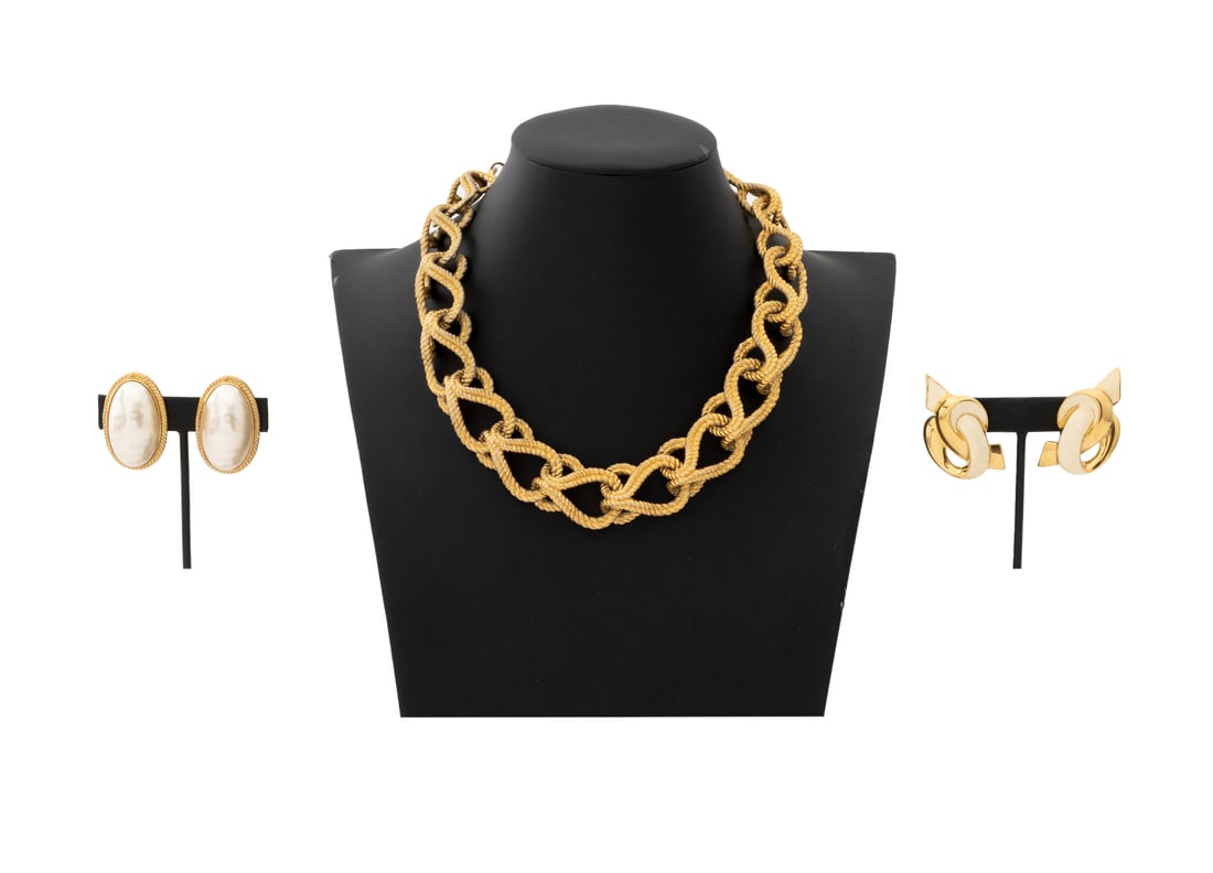 Givenchy Gold-Tone Jewelry, 3 Pcs.: Group of Three Givenchy Gold-Tone Metal Jewelry Pieces, comprising: a pair of cream enameled earclips and a pair of faux pearl clip-on earrings, both marked "Givenchy / Paris New York" to reverses,