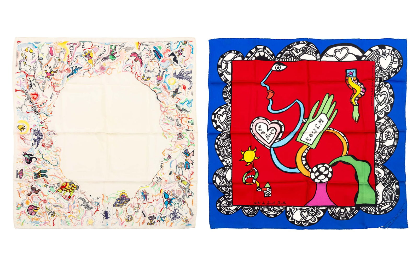 Niki de Saint Phalle Silk Scarves, 2: Group of Two Niki de Saint Phalle Silk Scarves, comprising: "Etude pour un Foulard", 2000, signed "Niki de Saint Phalle et Flammarion IV" and dated in print with original tag and white ground with com