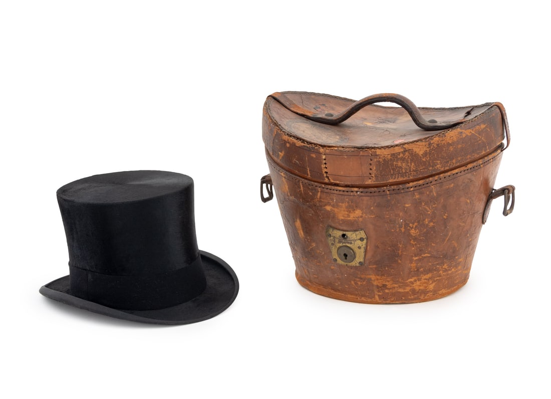 Knox Black Beaver Men's Evening Top Hat: Knox Black Beaver Men's Evening Top Hat, with felt trim and beige leather lining, marked "Superfine / Knox / New York" and "Mot" to the interior, with fitted leather hat case and red silk lining.