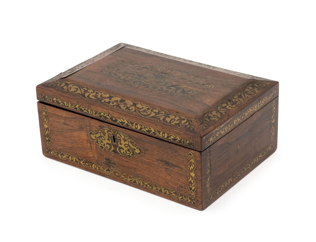 Victorian Brass Inlaid Mahogany Sewing Box: Victorian Brass Inlaid Mahogany Sewing Box, with brass floral inlay, the hinged lid opening to pink satin lining with divided interior, the fitted top section removable with storage compartment undern