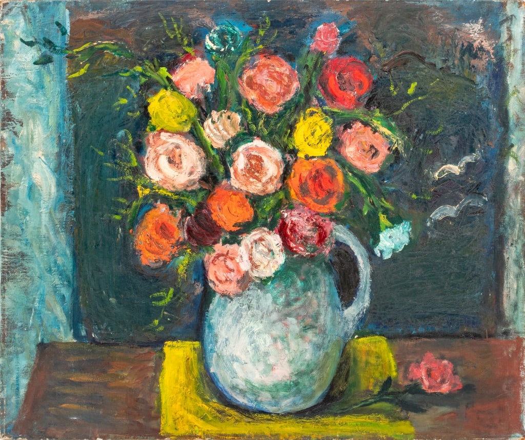 Shelley Post "Roses" Oil on Canvas: Shelley Post (American, XX), "Roses", Oil on Canvas, signed and titled verso, unframed. 20" H x 24" W. Provenance: From the Allen Tucker Memorial Collection. Keywords: Painting, Oil painting, Works on