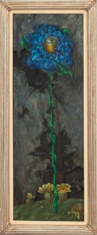Charles Blum "Cascarone" Oil on Board, 1964: Charles Blum (American, 1925-1998), "Cascarone", Oil on Board, 1964, cactus with blue flower sprouting, with cascarone egg at center, Collection Sal Saraceno label verso, silvered wood frame. Image: 2