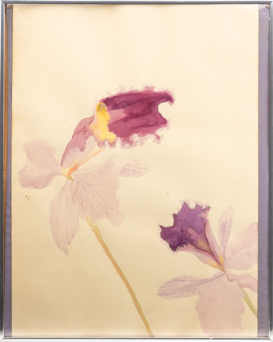 Hillary Kruger Lilies Watercolor on Paper, 2010: Hillary Kruger (XX-XXI), Lilies, Watercolor on Paper, 2010, signed in pencil and dated "10" lower right, metal frame. Image: 29.75" H x 22" W; frame: 30.75" H x 24.5" W x 0.75" D. Provenance: From the