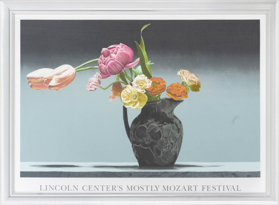 Ben Schonzeit "Wedgewood" Screenprint Poster: Ben Schonzeit (American, b. 1942), "Wedgewood", Screenprint Poster in Colors, for Lincoln Center's Mostly Mozart Festival, silvered wood frame. 34.75" H x 38.5" W; frame: 39.5" H x 53.5" W x 1" D. Pro