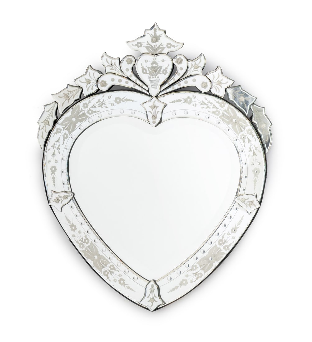 Venetian Heart Form Marginal Framed Mirror: Venetian Heart Form Etched Glass Marginal Framed Mirror. 29" H x 23.75" W x 1" D. Provenance: From an East 80th Street, New York City Estate. Keywords: Venice, Italy, Italian glass, Looking glass, Van