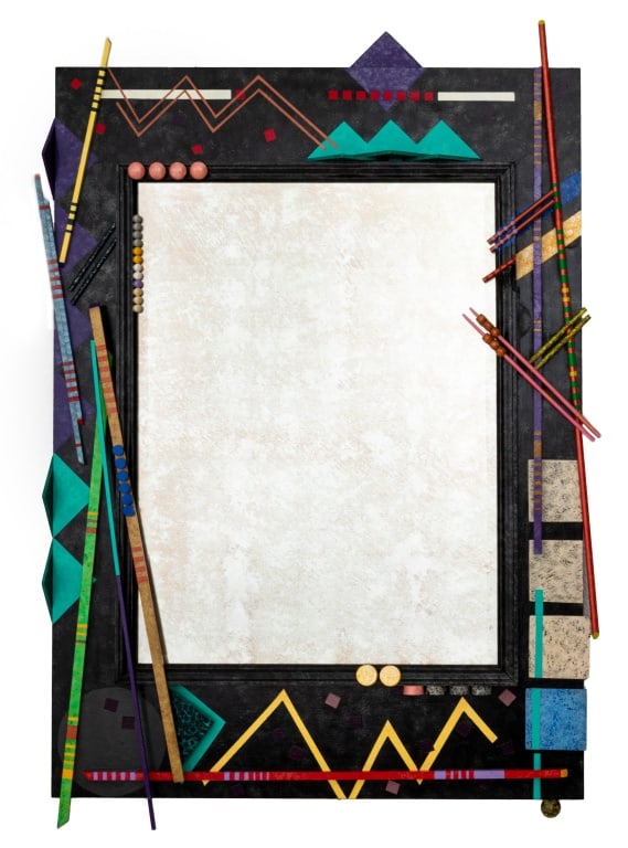 Postmodern Painted Carved Wood Mirror: Postmodern Painted Carved Wood Mirror, with beveled mirror and applied geometric motif to the frame. mirror: 23.5" H x 17.5" W; frame: 39" H x 26.5" W x 2.25" D. Provenance: From a Park Avenue Estate.