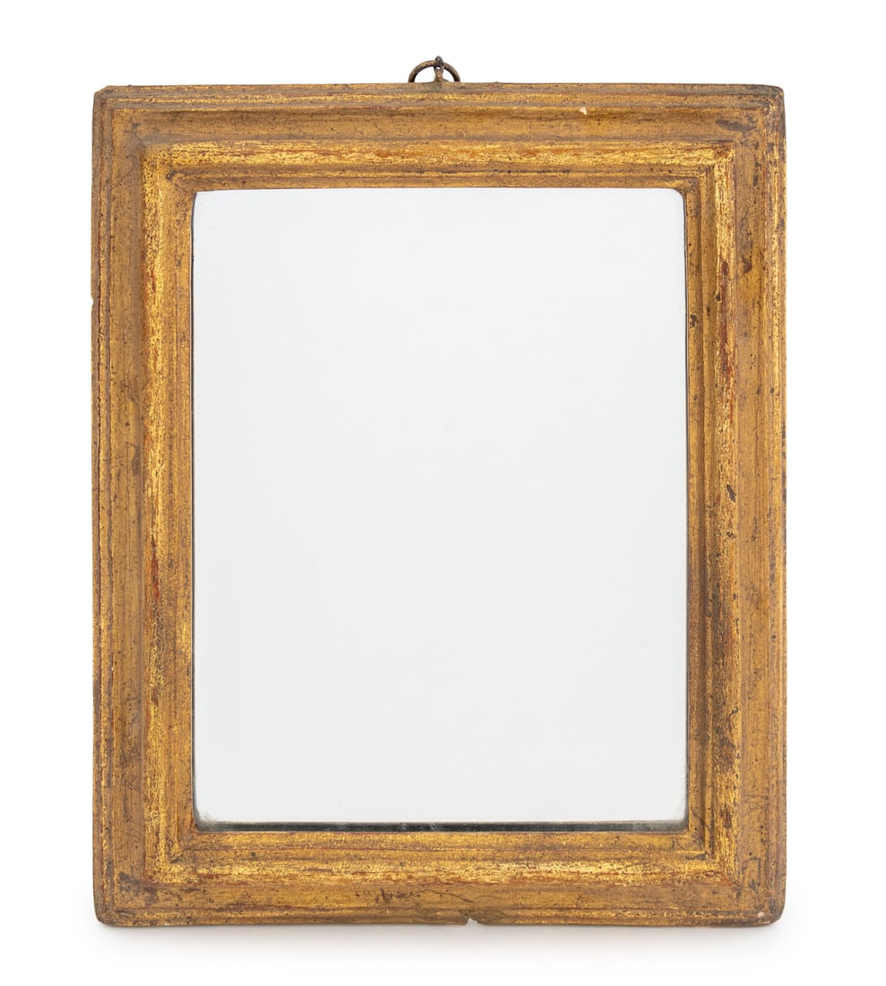 Borghese Giltwood Framed Small Mirror: Borghese Giltwood Framed Small Mirror, label to reverse. Mirror plate: 8.25" H x 6.25" W; frame: 11" H x 8.75" W x 1.25" D. Provenance: From a Greenwich, Connecticut Estate. Keywords: Looking glass, V