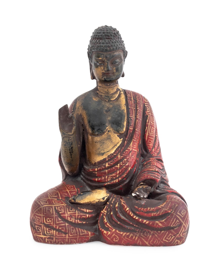 Burmese Seated Buddha Polychromed Wood Sculpture: Burmese Seated Buddha Black Lacquered and Polychromed Wood Sculpture, with hands in vitarka mudra and gilt geometric pattern to the draped fabric. 9.75" H x 7.5" W x 5.75" D. Provenance: From an Upper