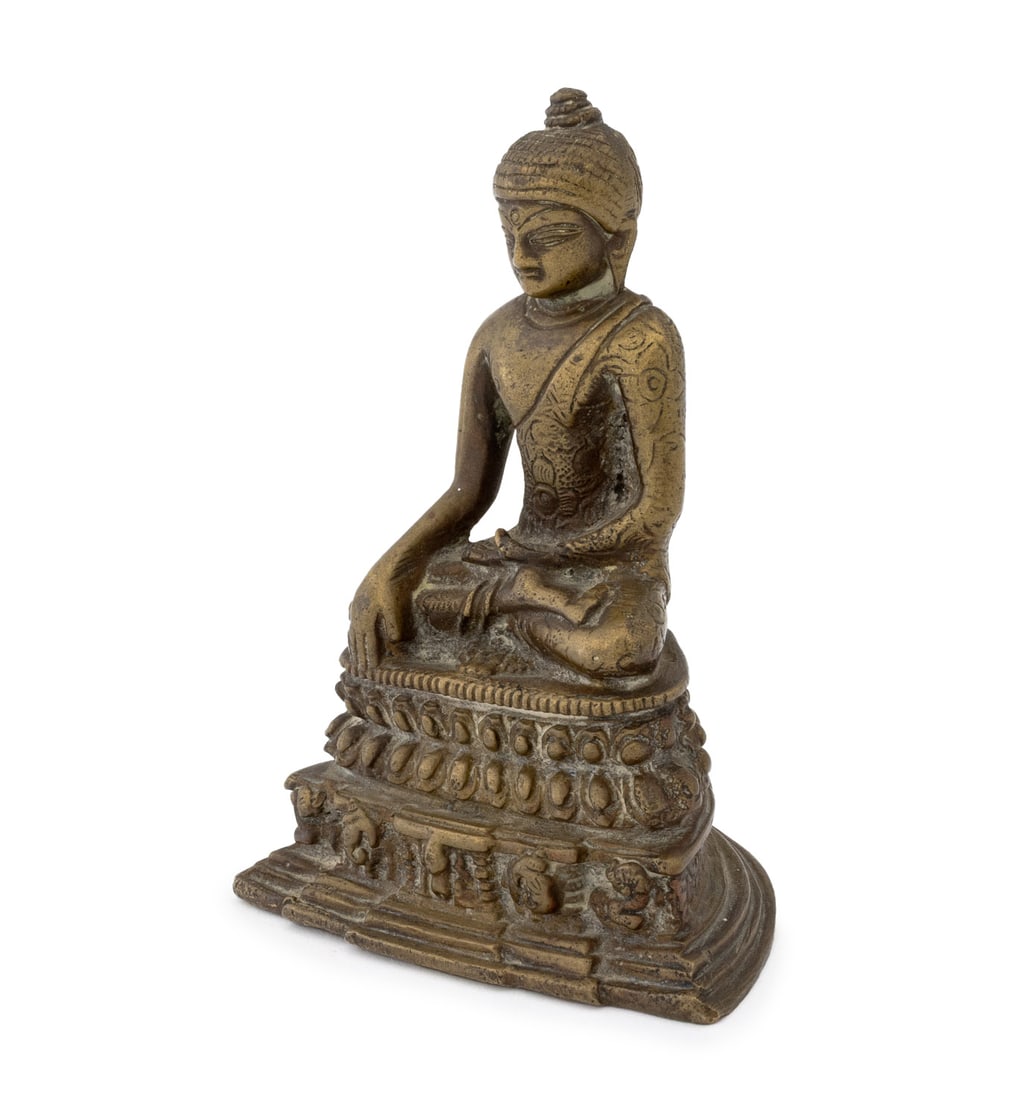 Indian Seated Buddha Bronze Sculpture: Indian Seated Buddha Bronze Sculpture, Bhumisparsha Mudra on double lotus pedestal. 5" H x 4.5" W x 2.5" D. Provenance: From a 860 5th Avenue Collection. Keywords: South Asian Art, Statue, Sculpture,
