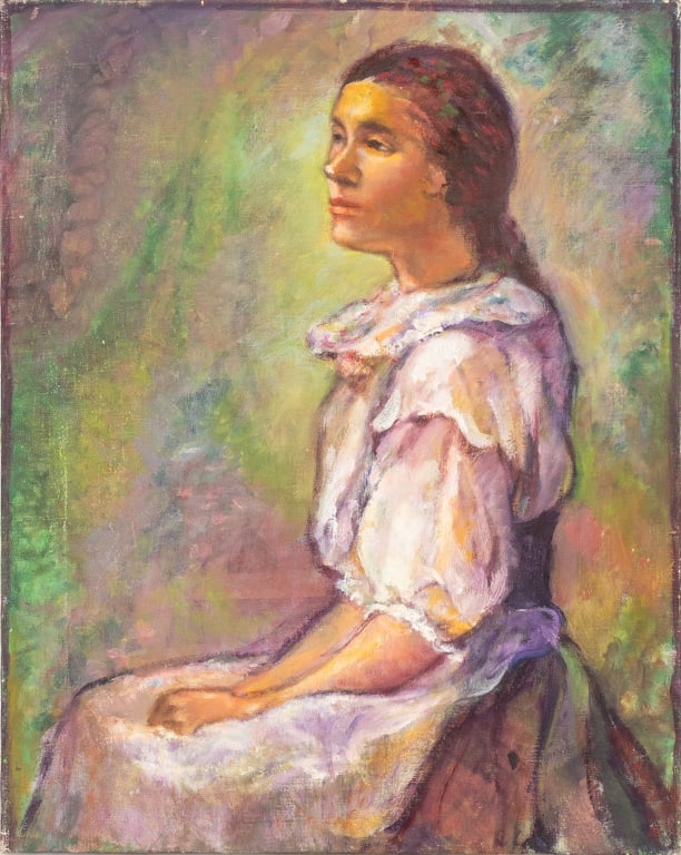 Duffy Mohler Portrait of a Seated Woman Oil: Sui Fong "Helen" Chu (Duffy Mohler, Chinese/American, 1917-2008), Portrait of a Seated Woman, Oil on Canvas, 1995, depicting woman in pink dress against green background, signed to top of canvas and s