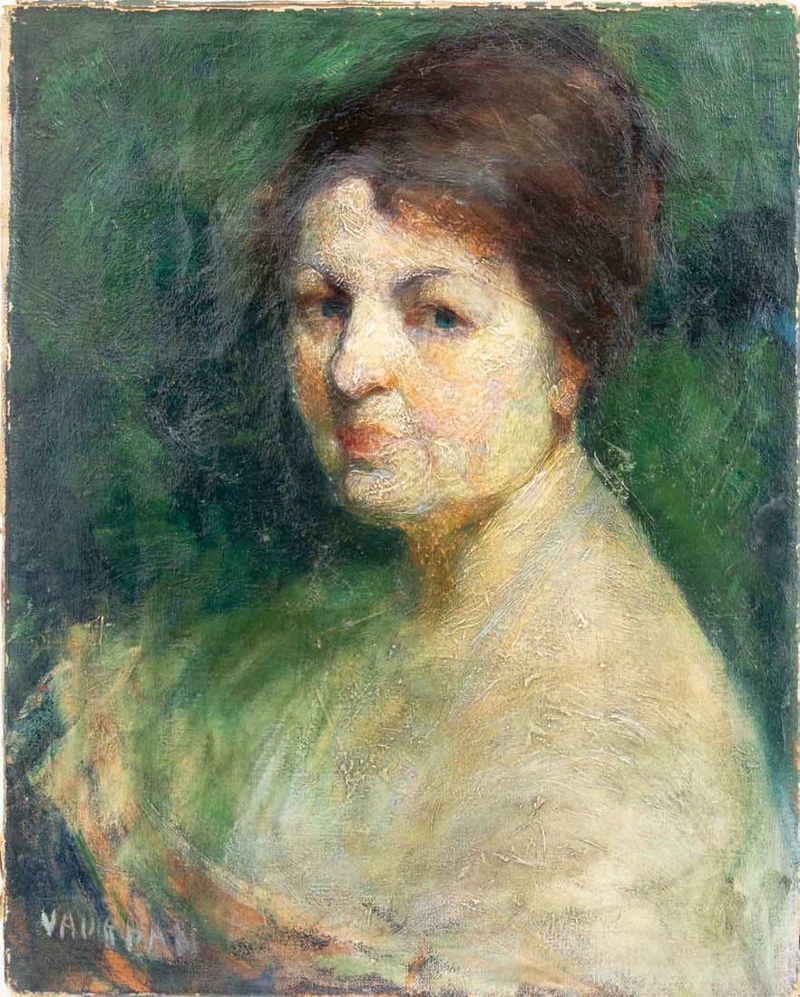 Vaughan Portrait of a Woman Double-Sided Oil: 20th Century School, Portrait of a Woman, Oil on Canvas, signed "Vaughan" lower left, double-sided with seated female nude verso, unframed. 20" H x 16" W. Provenance: From the Allen Tucker Memorial Co