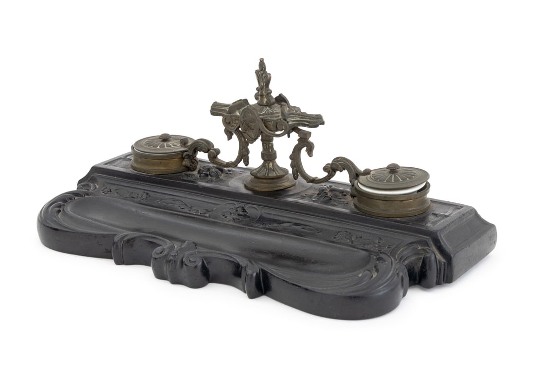 Louis XV Style Pewter Mounted Double Inkwell Stand (1 of 10)