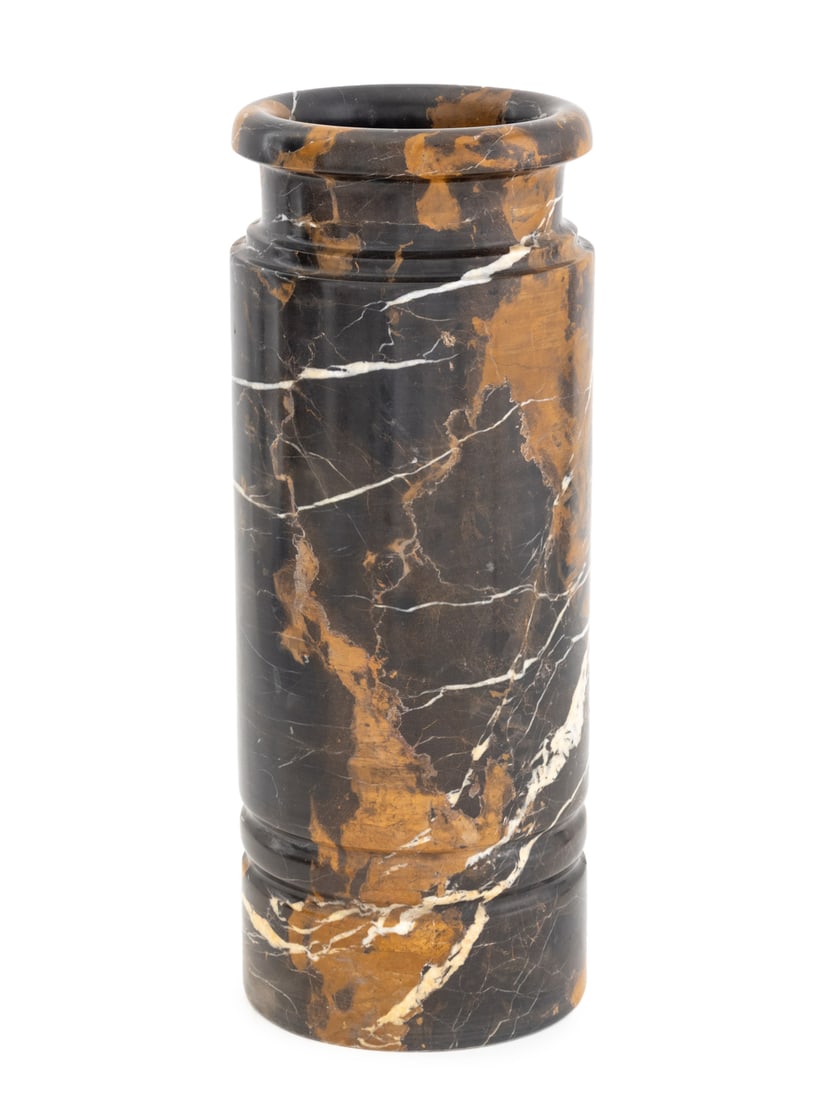 Portoro Marble Umbrella Stand: Portoro Marble Umbrella Stand, cylindrical form. 20" H x 8" Diameter. Provenance: From a Brooklyn Collection. Keywords: Specimen Marble, Stone carving, Cane stand, Floor vase, Interior design, Decorat