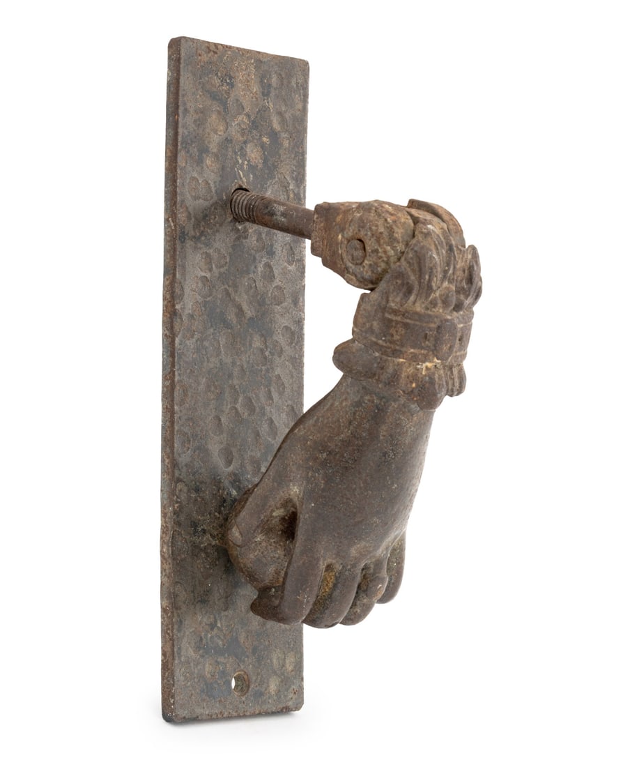 Victorian Cast Iron Hand Form Door Knocker: Victorian Cast Iron Hand Form Door Knocker, 19th century, the hand with a wedding band holding a ball, unmarked. 9" H x 2.5" W x 3" D. Provenance: From a Greenwich, Connecticut Estate. Keywords: Antiq