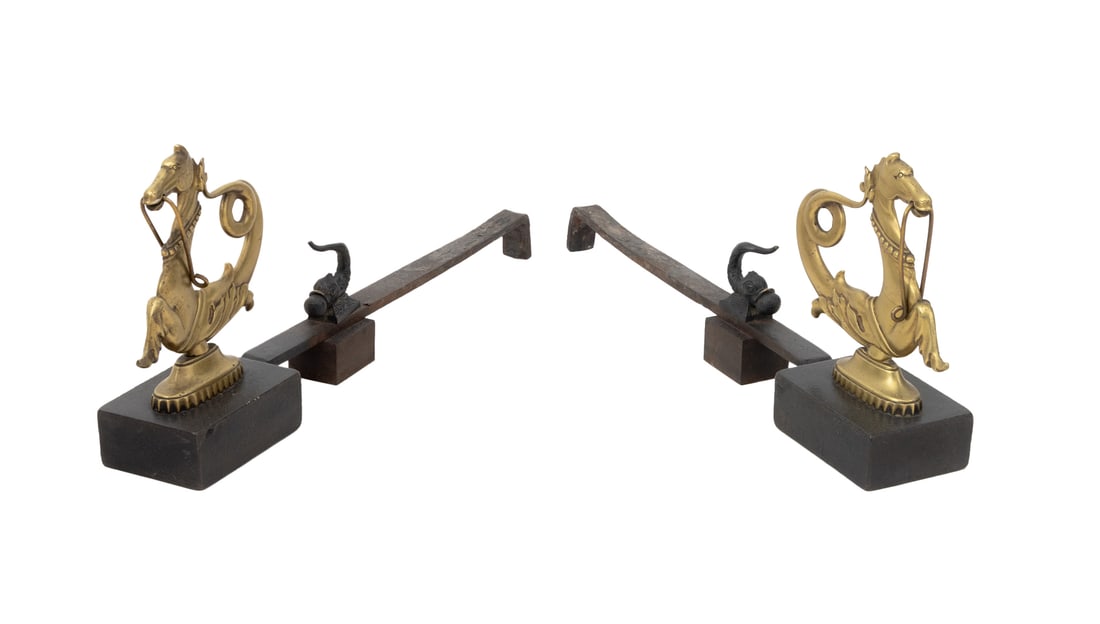 Venetian Hippocamp Form Brass Andirons, Pair: Pair of Venetian Hippocamp Form Brass Andirons, with cast iron bases. 13.5" H x 30.5" W x 5.25" D. Provenance: From a New York City Collection. Keywords: Fireplace accessories, Log holders, Chenets, F
