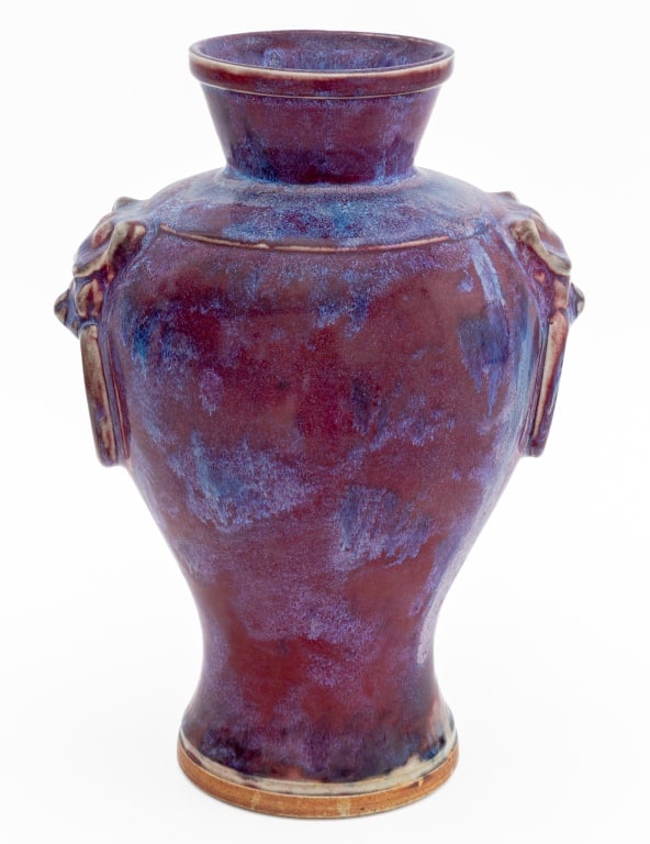 Chinese Jun Yao Type Glazed Vase: Chinese Jun Yao Type Glazed Ceramic Vase, with mythical beast masque handles. 11.5" H x 8" Diameter. Provenance: From a Rye, New York Estate. Keywords: Asian Art, China, Flambe glaze, Chinese ceramics