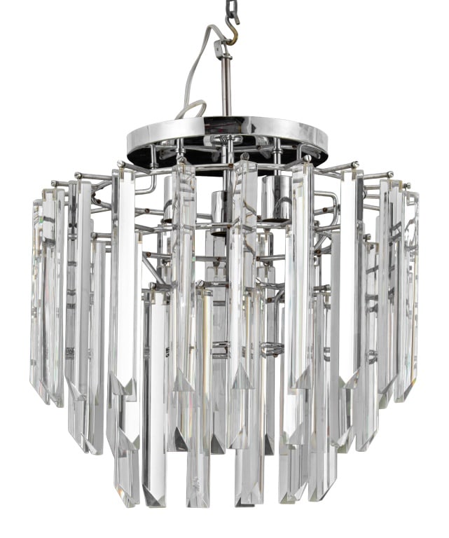 Italian Murano Glass Camer Prism Chandelier: Italian Murano Glass Camer Prism Chandelier, with three tiers and chromed steel frame. 21" H x 20.5" W. Provenance: From a New York City Collection. Keywords: Lighting, Italian lighting, Venetian glas
