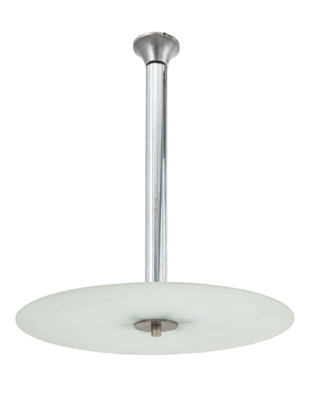 Space Age Aluminum and Glass Saucer Chandelier: Space Age Aluminum and Glass Saucer Chandelier, cylindrical support with six lights above a frosted glass circular plate. 29" H x 24" Diameter. Provenance: From a Fifth Avenue Collection. Keywords: Li
