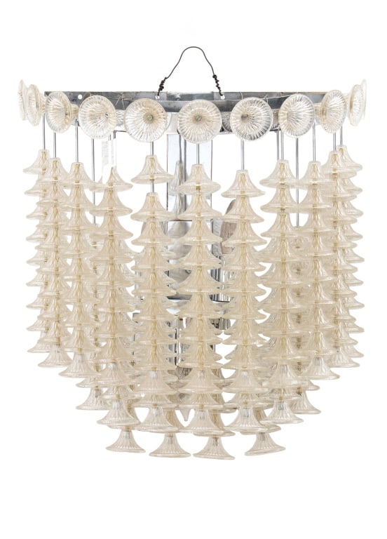 Venini Style Two-Tier Cut Crystal Wall Sconce: Venini Style Two-Tier Cut Crystal Wall Sconce, with stacked bell-form cut crystal pendants and chrome plated mount.18.25" H x 16.5" W x 11.5" D. Provenance: From a New York City Collection. Keywords: