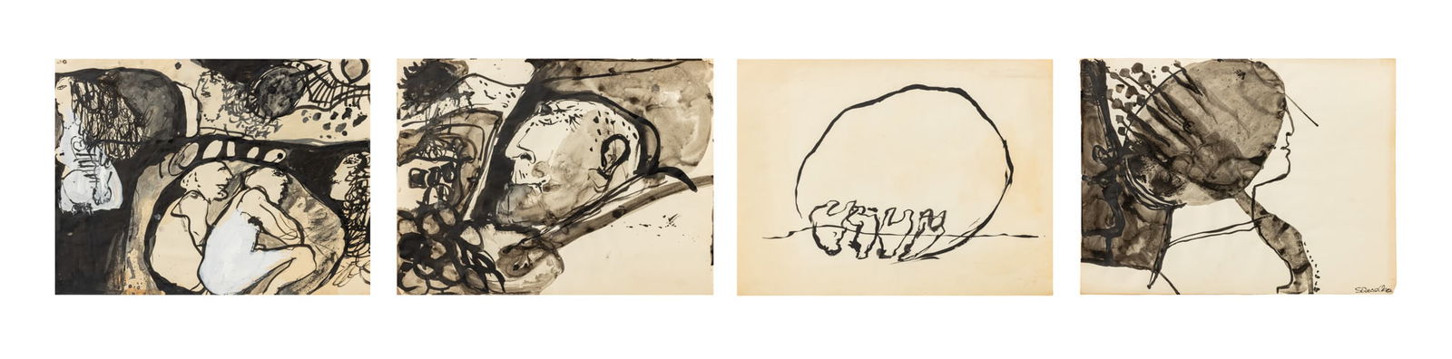 Elfi Schuselka Figural Abstract Watercolor, 4: Elfi Schuselka (Austrian, b. 1940), Four Figural Abstract Compositions, Watercolor on Tracing Paper, depicting black and white landscape scenes and figures, one signed lower right and three with artis