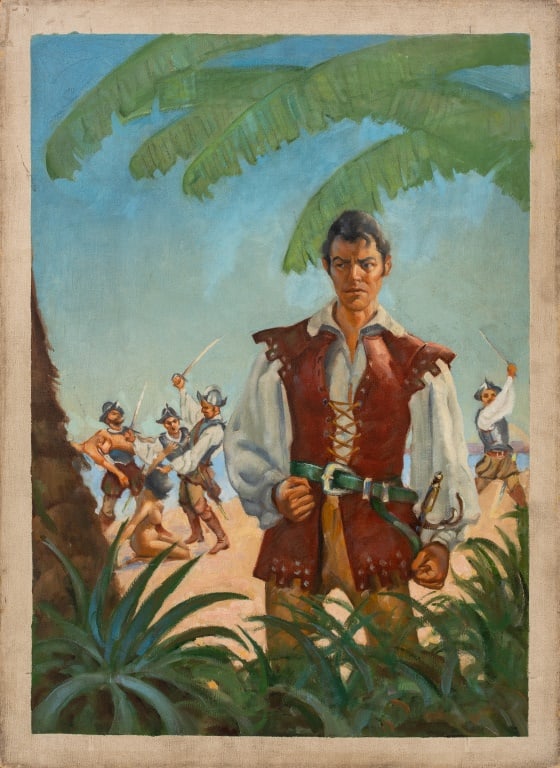 Bill Johnson Conquest Scene Oil on Canvas: William "Bill" Johnson (American, b. 1929), Conquest Scene, Oil on Canvas, signed and initialed verso, unframed. 26" H x 19" W. Provenance: From the Allen Tucker Memorial Collection. Keywords: Paintin