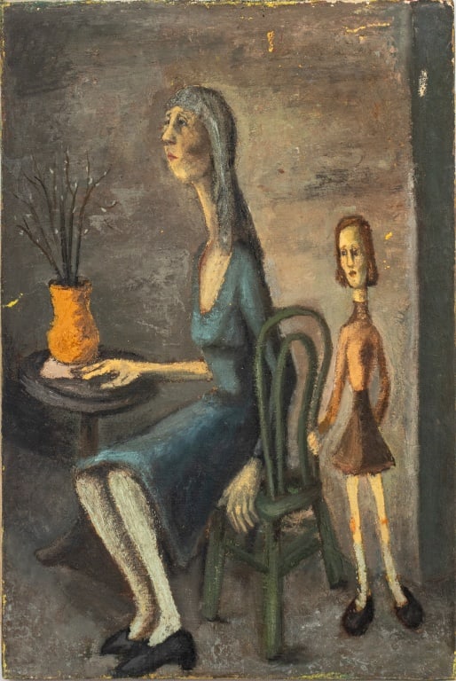 E.W. Wormser Figural Composition Oil on Canvas: E.W. Wormser (American, XX), Figural Composition, Oil on Canvas, depicting mother in chair and child standing, signed and marked "Levi" verso, unframed. 18" H x 12" W. Provenance: From the Allen