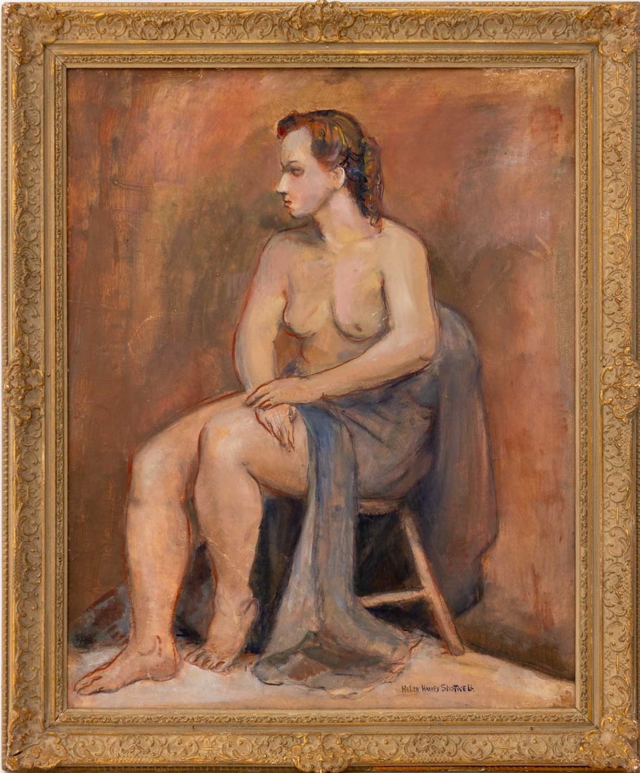 Helen Harvey Shotwell Seated Nude Oil on Masonite: Helen Harvey Shotwell (American, b. 1908), Seated Nude Woman, Oil on Masonite, signed lower right, auction labels verso, carved giltwood frame. Image: 29.5" H x 23" W; frame: 35.5" H x 29.25" W x 2" D
