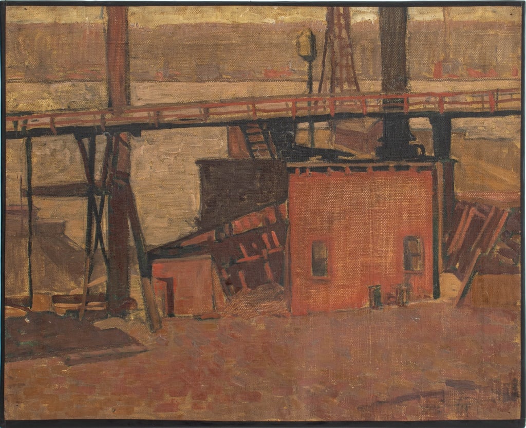 V. Fox Impressionist Urban Landscape Oil, 1919: V. Fox (American, XIX-XX), Impressionist Urban Landscape, Oil on Canvas, 1919, signed and labeled with artist and date verso, unframed. 18" H x 22" W. Provenance: From the Allen Tucker Memorial Collec