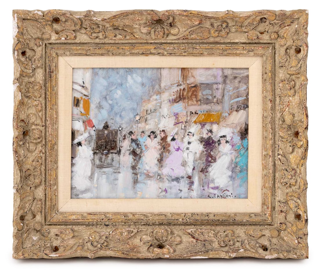 Luigi Cagliani City Street Scene Oil on Canvas: Luigi Cagliani (Italian, 1910-1987), City Street Scene, Oil on Canvas, signed lower right, giltwood frame. Image: 8.5" H x 11.5" W; frame: 15.75" H x 19" W x 2.25" D. Provenance: From a 422 East 72nd