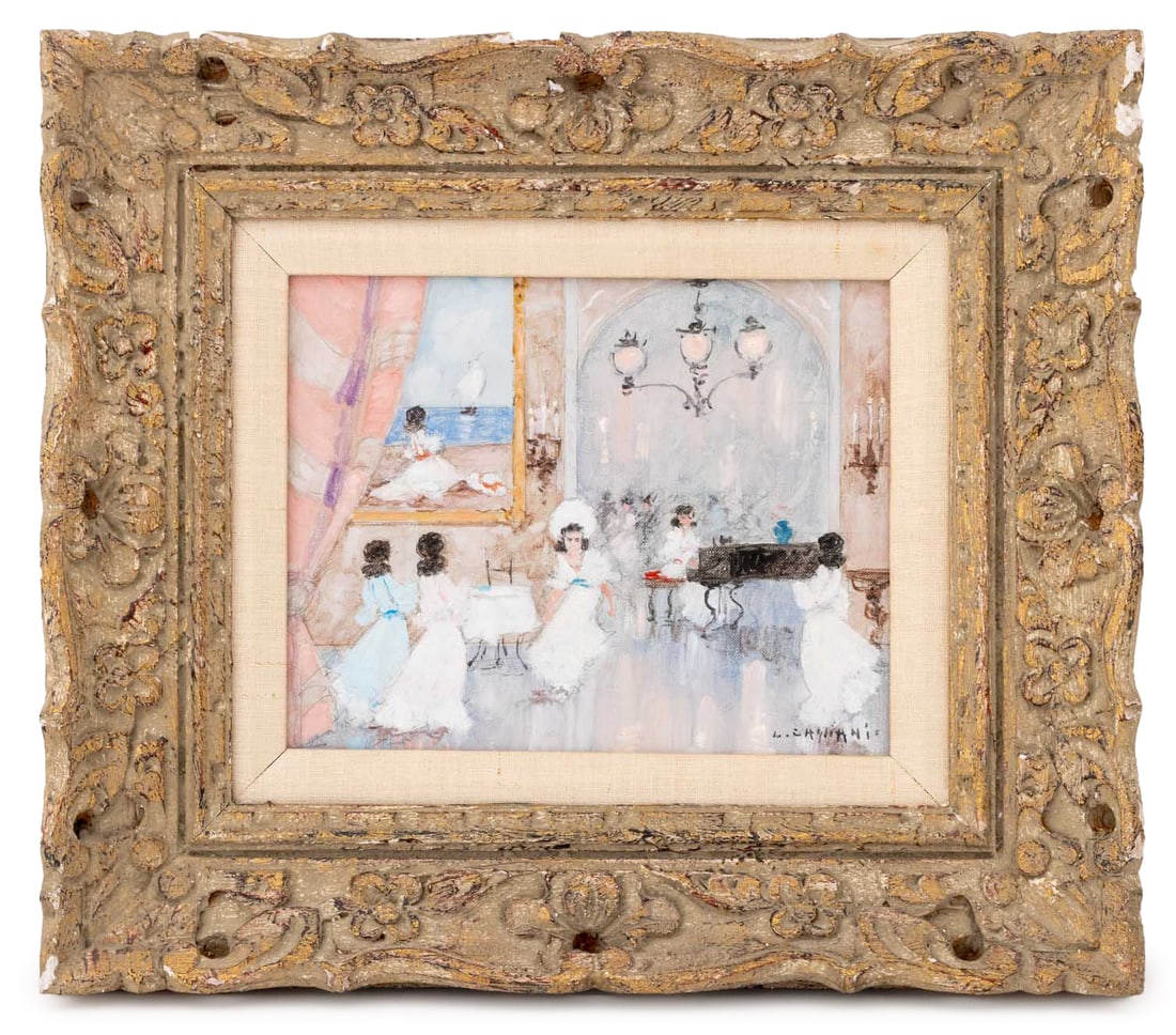 Luigi Cagliani Cafe Scene Oil on Canvas: Luigi Cagliani (Italian, 1910-1987), Cafe Scene, Oil on Canvas, signed lower right, giltwood frame. Image: 7.5" H x 9.5" W; frame: 14.75" H x 17" W x 1.5" D. Provenance: From a 422 East 72nd Street Es