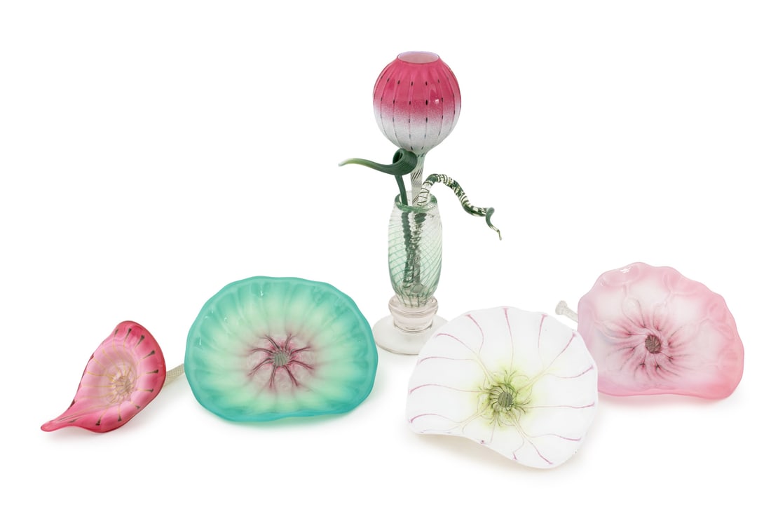 Cam Langley Art Glass Floral Arrangement Sculpture: Cam Langley (American, b. 1942) Eight-Piece Art Glass Floral Arrangement Sculpture, 1990, the footed vase with two green leaf stems, four lily flowers and one tulip form flower, signed and dated to th