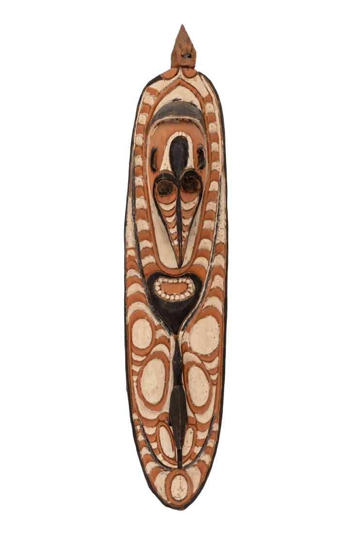 Papua New Guinea Polychrome Carved Wood Mask: Papua New Guinea Polychrome Painted Hand-Carved Wood Mask, Sepki River Region, abstract face with raised bird. 44" H x 9.5" W x 3.25" D. Provenance: From a New York City Collection. Keywords: Mai mask