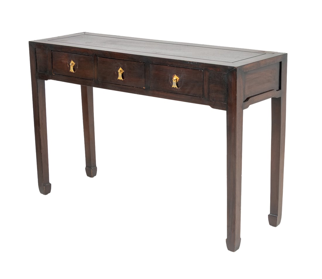 Chinese Hardwood Console Table: Chinese Hardwood Console Table, with three short drawers and brass drawer pulls. 31.5" H x 48.5" W x 15.5" D. Provenance: From an East 80th Street, New York City Estate. Keywords: Asian Furniture, Ant