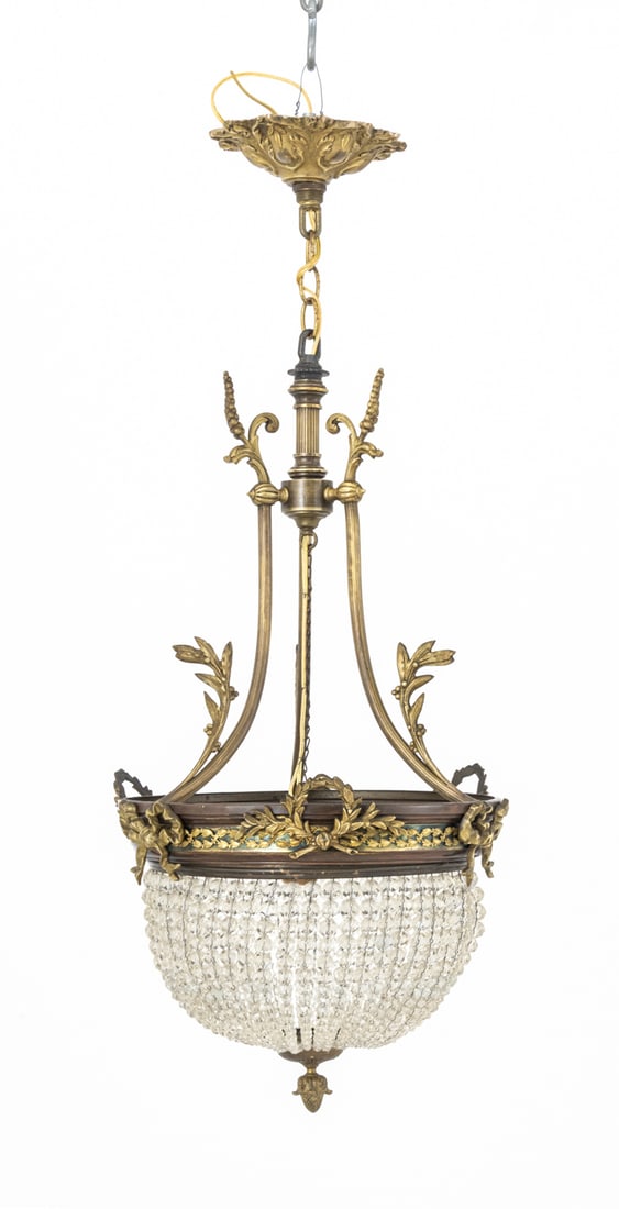 Italian Brass Drop Crystal Basket Chandelier: Italian Brass Drop Crystal Basket Chandelier, with single central light, wreath, garland, and acanthus leaf frame. 32" H x 14" Diameter. Provenance: From an Upper West Side, New York City Estate. Keyw