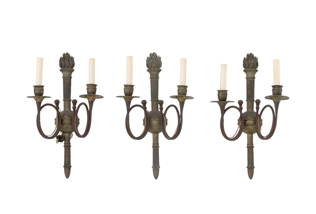 Louis XVI Style Brass French Horn Sconces, 3: Set of Three Louis XVI Style Brass French Horn Form Two-Light Sconces, with torch and globe form central support. 20.5" H x 11.5" W x 7.5" D. Provenance: From a New York City Collection. Keywords: Lig