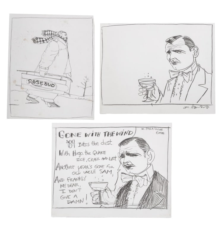 Michael Paraskevas Cinema Comics Graphite, 3: Michael Paraskevas (American, b. 1961), Three Classic Cinema Comic Strips, Graphite on Paper, comprising: Gone With The Wind image of Rhett Butler drinking, "Gone With The Wind" Rhett Butler, inscribe