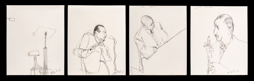 Michael Paraskevas Music Scenes Pencil, 4: Michael Paraskevas (American, b. 1961), Four Music Scenes, Pencil on Paper, 1986, three signed in pencil lower right, one signed in pencil lower left, unframed. 17" H x 14" W. Provenance: From a New Y
