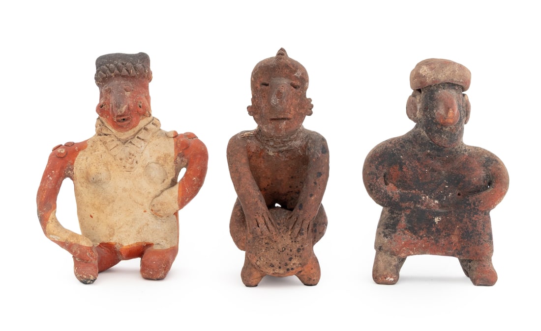 Jalisco & Nayarit Pottery Figures, 3: Group of Three Jalisco and Nayarit Pottery Figures, two female figures, one seated and one standing, together with one male figure seated atop a vessel. Tallest: 5.75" H x 2.5" W x 2.75" D. Provenance