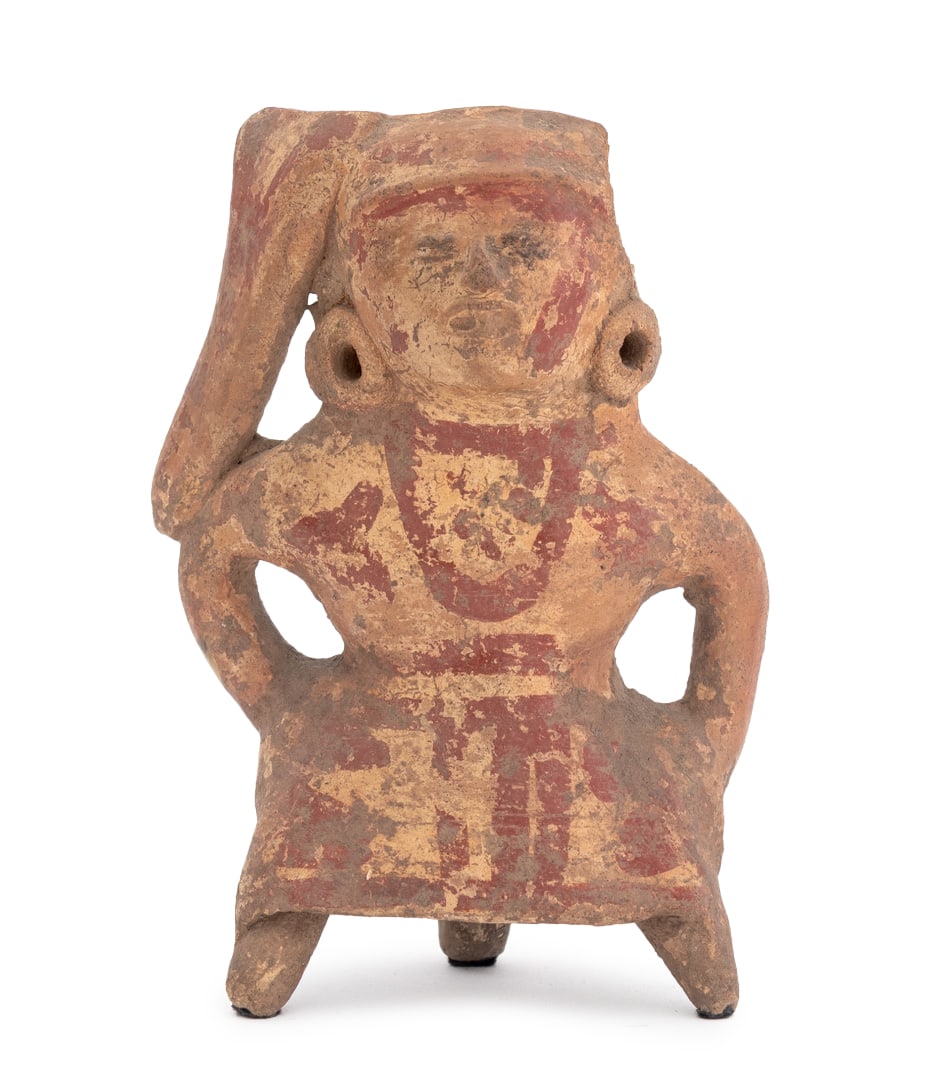 Veracruz Standing Female Figure Pottery Sculpture: Veracruz Standing Female Figure Pottery Sculpture, hand-painted in two tones. 5.25" H x 4" W x 1.75" D. Provenance: From a New York City Collection. Keywords: Mesoamerican Art, Mexico, Mexican, Gulf C
