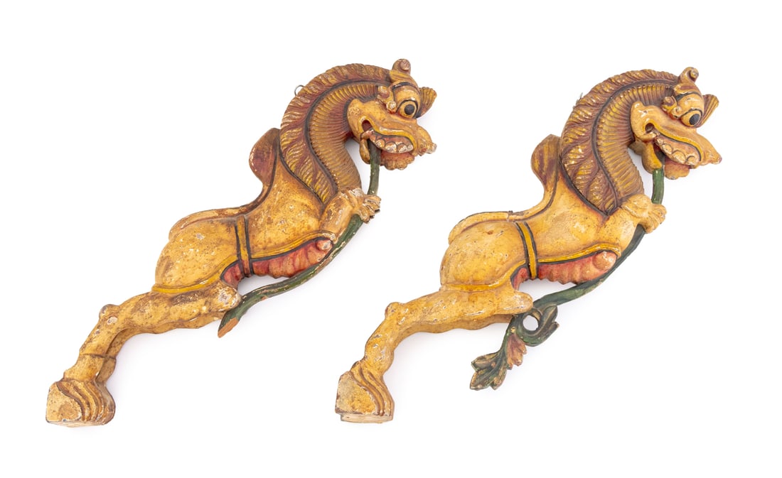 Hindu Painted Carved Wood Temple Elements, Pair: Pair of Hindu Polychrome Painted Carved Wood Temple Elements, depicting Narasimha, the fourth avatar of Vishnu. 27" H x 3" W x 8" D. Provenance: From a 860 5th Avenue Collection. Keywords: Carving, St